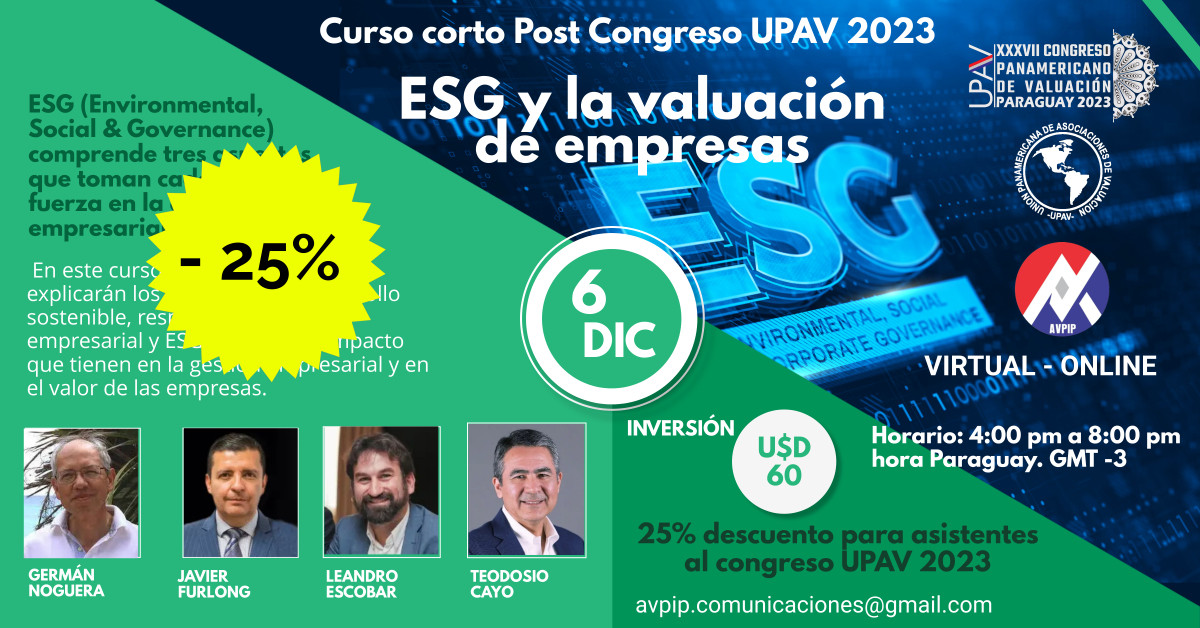 25% DESCUENTO - Curso corto Post Congreso UPAV 2023 ESG y la valuación de empresas